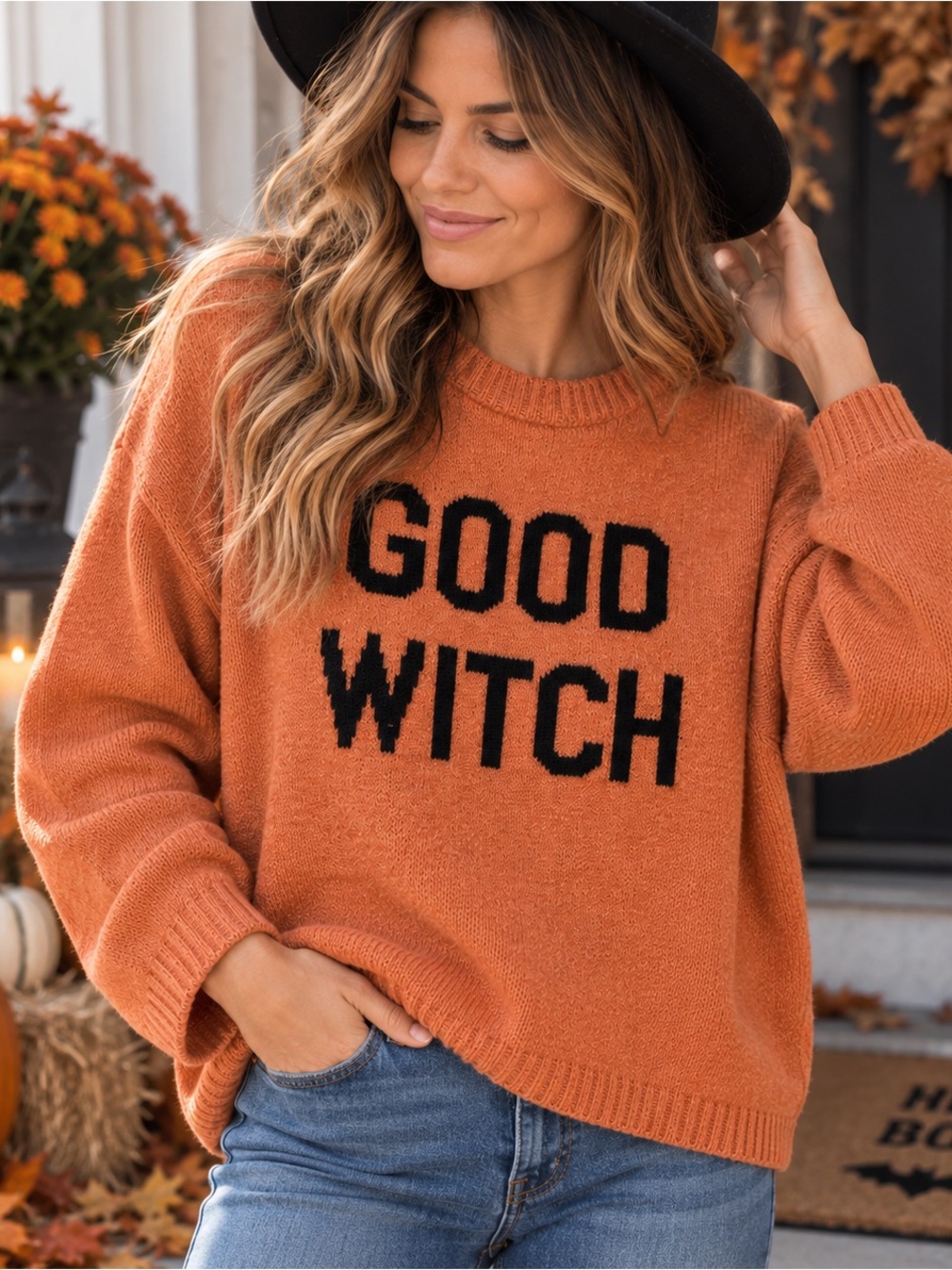 GOOD WITCH Orange Crewneck Sweater - Casual Women's Pullover